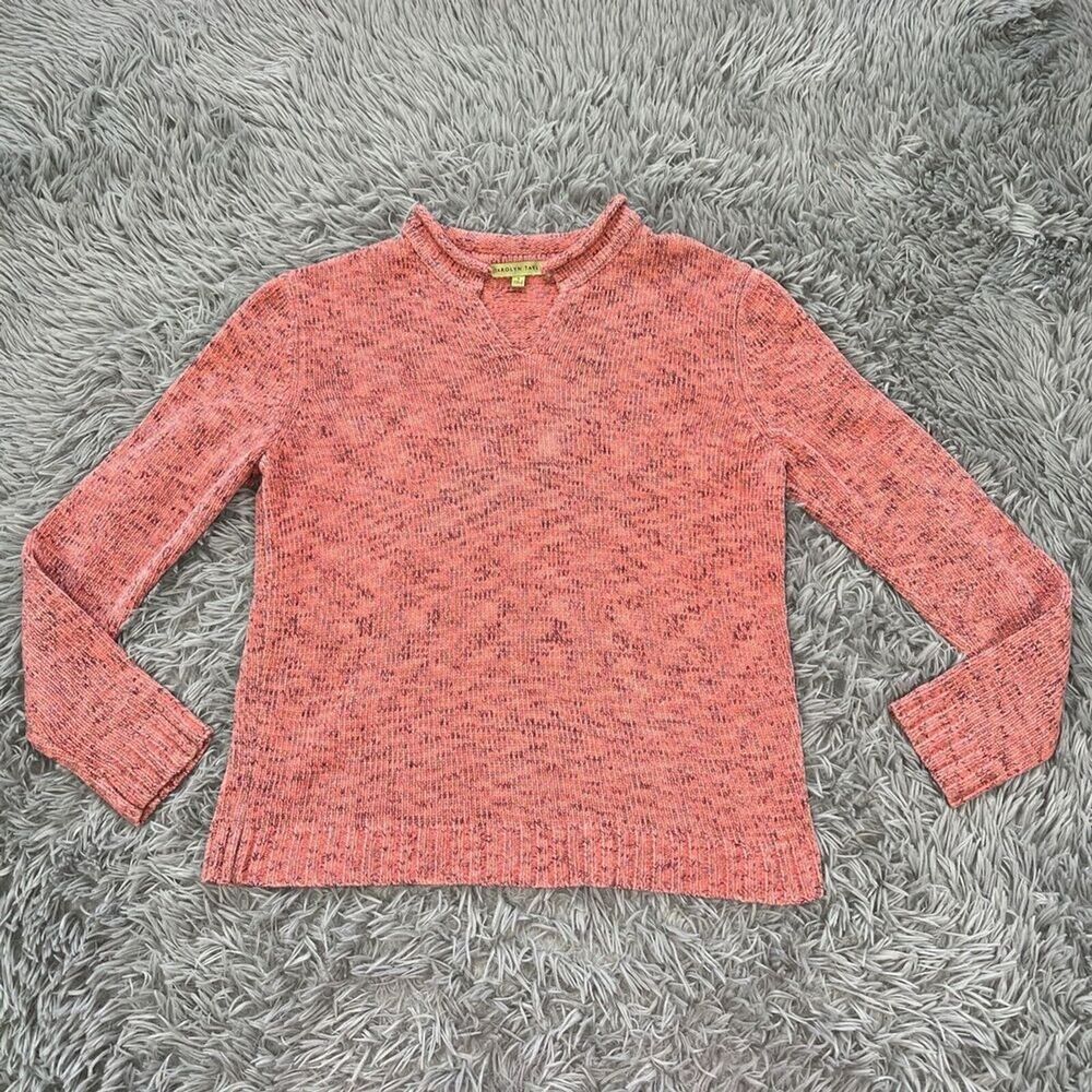 Carolyn Taylor Women’s Chenille Pink Sweater Small Notch Neck Knit Long Sleeve